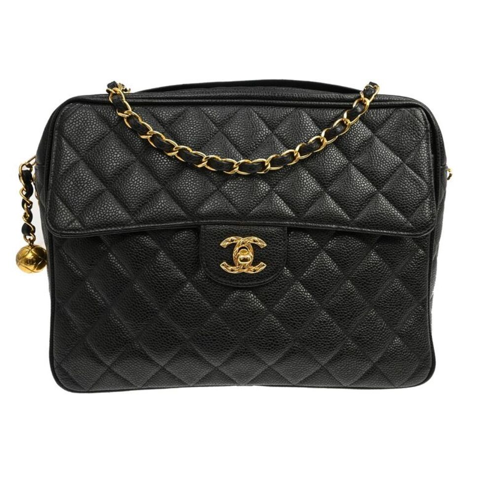 Chanel Vintage Front Pocket Quilted Caviar Black Leather Shoulder Bag Bag